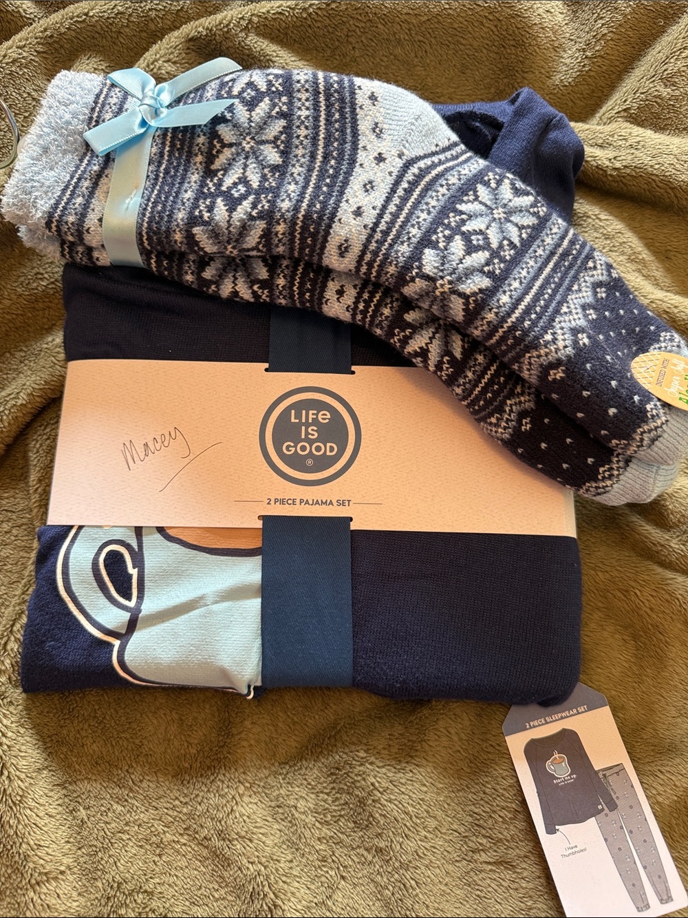 Life Is Good Navy & Light Blue Two-Piece Pajama Set and Matching Fuzzy Socks